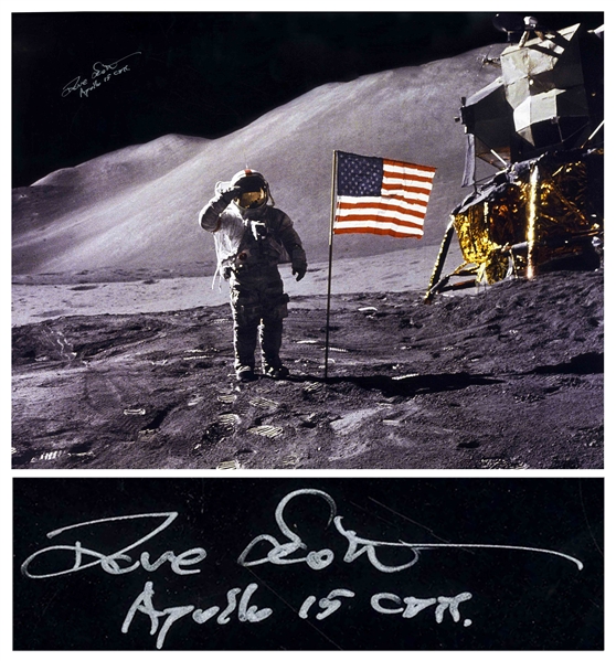 Dave Scott signed 20'' x 16'' Photo of Him Saluting the U.S. Flag on the Moon -- With Novaspace COA